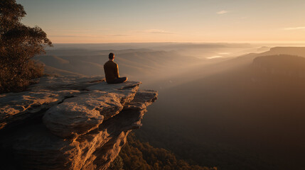 A woman practices yoga by a lake in the countryside, on a misty morning.