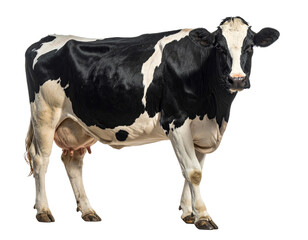 Realistic Black and White Cow Standing, Isolated on Transparent Background.