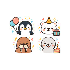 Fototapeta premium Cute animal characters celebrating with balloons and gifts for a joyful party atmosphere