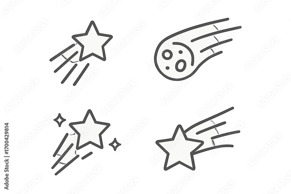 Poster set of shooting star and comet line icons for astronomy and space themes isolated on a white backgro