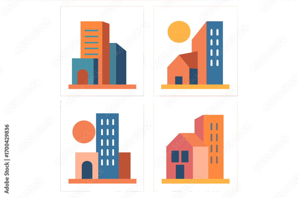 Poster set of four abstract geometric cityscapes with minimalist architecture and modern buildings in a war