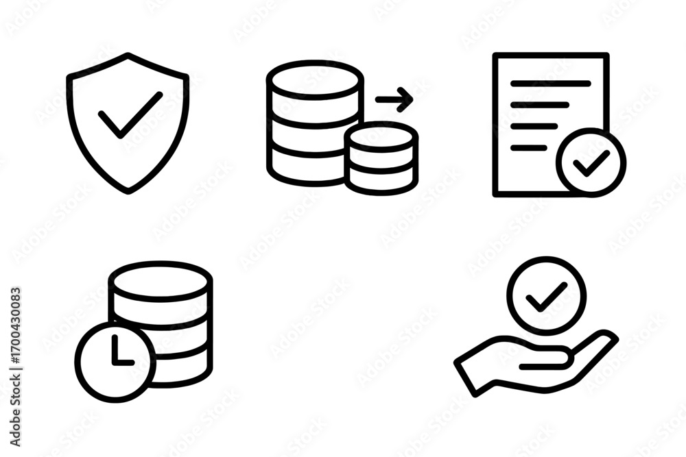 Poster data management and security line icon set with symbols for protection, migration, verification, and