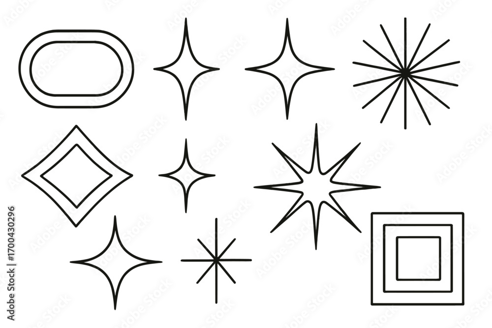 Poster set of minimalist geometric shapes and starburst icons in a simple black and white line art style fo