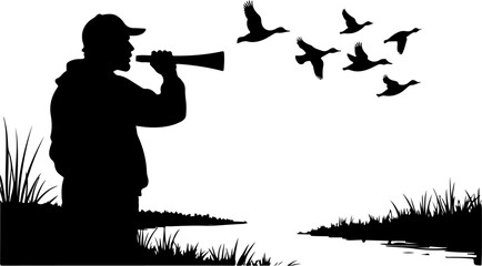 Silhouette of Hunter Using Duck Call with Flying Ducks"