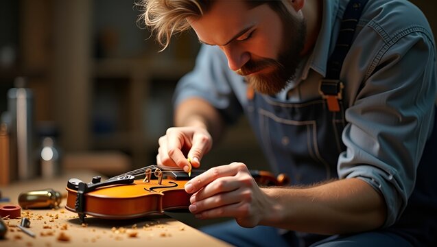 Male luthier repairing violin with focus and precision in workshop  