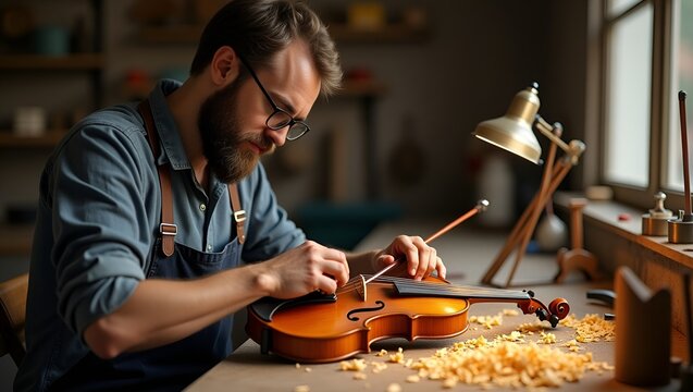 Man carefully crafting a violin in a workshop with shavings around