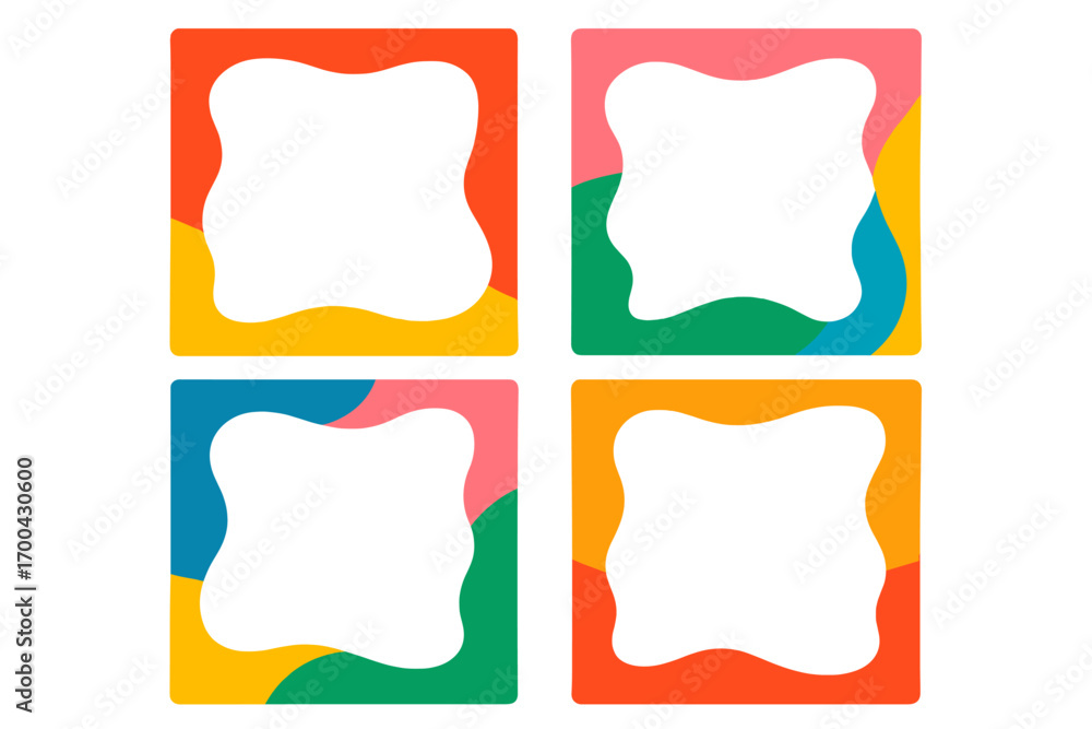 Poster set of four colorful abstract frames with wavy organic borders for social media posts or modern desi