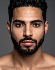 Close-up portrait of a man with a serious expression, dark hair, and a well-groomed beard, set against a neutral backdrop.