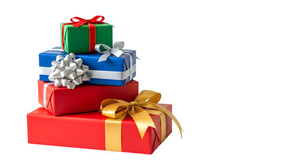 Obraz premium Red, blue, green gifts stack with bows sparkles against black. Use for Christmas cards, holiday backgrounds, social media.
