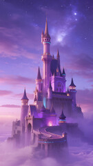  floating violet castle glowing under purple starlight, surreal magic haze surrounding the towers