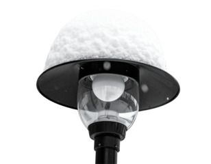  Modern Black Street Lamp with Heavy Snow Accumulation and Blurred Background