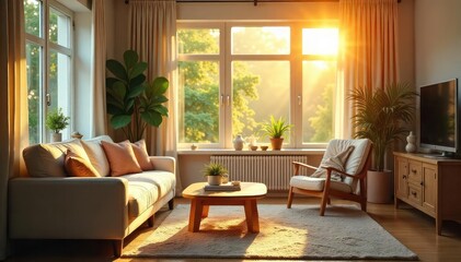 A serene scene depicting a cozy living room bathed in warm sunlight, embodying a peaceful and content lifestyle , plants, atmosphere