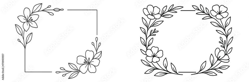 Poster set of two elegant square floral frames with hand-drawn botanical elements in a minimalist line art 