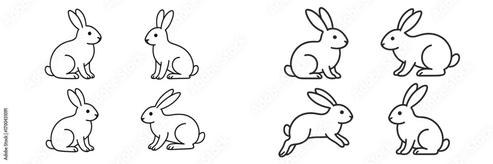 Poster set of rabbit line art icons in various poses including sitting and jumping isolated on a white back