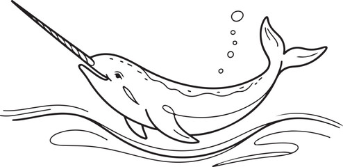 Fototapeta premium Black and white illustration of a narwhal swimming in wavy water with bubbles whale marine mammal