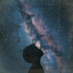 Silhouette of a person gazing at the vast colorful milky way galaxy