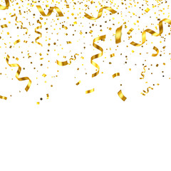 Golden Confetti And Ribbons Falling On Black Transparent Background Illustration