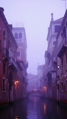 Obraz premium dreamlike canal city wrapped in violet fog, glowing reflections shimmering on the water