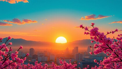 Vibrant sunset over stylized cityscape, cherry blossoms falling, fantasy, landscape