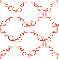 Red ribbon bow knots hand drawn seamless pattern with doodle chalk, charcoal, crayon texture. Naive cute vector illustration, Ideal print for textile design, fabric, packaging, wrapping paper