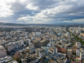 Aerial city landscape cloudy winter Mediterranean day in urban Kerameikos Athens Greece