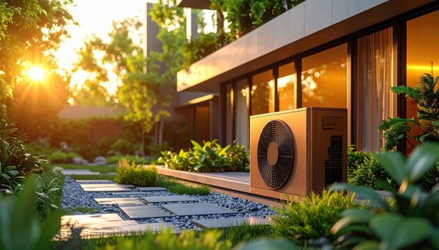 Elegant eco friendly heat pump unit beside contemporary house pathway at sunset symbolizing modern design environmental awareness and sustainable lifestyle - Powered by Adobe