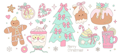 Cute Pink Christmas treats set - Coffee, cocoa, tea, gingerbread, candy cane. Peppermint pink candy vector clip-art collection isolated on white. Coquette Christmas illustration with thin contour.
