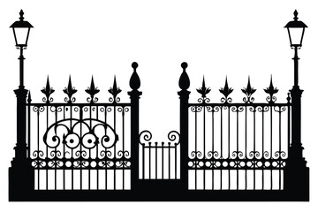 Ornate Black Silhouette of Iron Gate and Two Lamp Posts With Victorian Detail