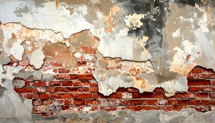 An aged brick wall with peeling plaster displays a textured mix of colors and textures.