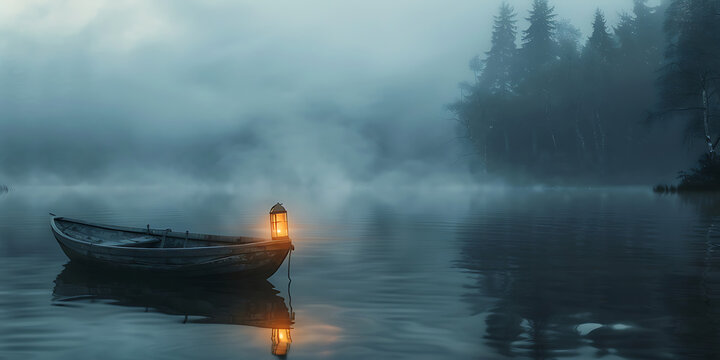 Solitary boat with glowing lantern drifts on misty lake at dawn