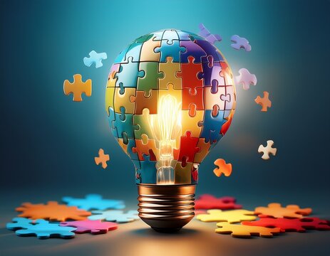 puzzle pieces assembling into a lightbulb symbolize the link between decision making and logical reasoning in a banner design