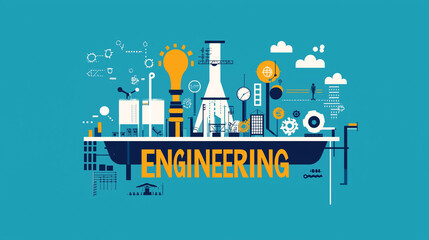 text "ENGINEERING" in yellow fonts, with icons of industry as background and green background, illustration