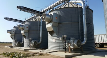 Fototapeta premium Medium shot of industrial grain bins with ventilation systems showing effective corn storage with temperature control to maintain quality.