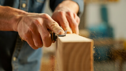 Close-up of a craftsman's hands carefully shaping a wooden plank with a hand tool, wood dust flying in warm workshop light, showing attention to detail and skilled craftsmanship