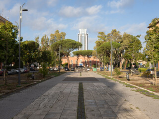 Fototapeta premium Piazza Viale Italia and the Torre Pontina skyscraper in Latina, Italy