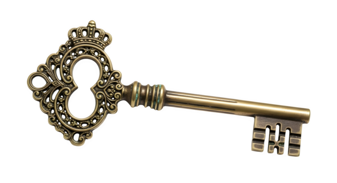 Gold ornate key exhibits intricate patterns on a dark background, ideal for fantasy concept imagery, product photography, or branding mockups.