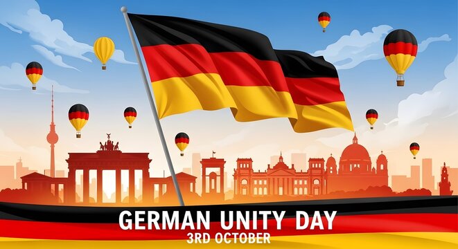 German unity day celebration with flag and hot air balloons over berlin skyline isolated on white background