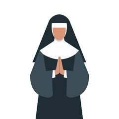 Nun character in flat style isolated on white background. Christian catholic religious concept. Vector stock