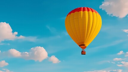 Naklejka premium Yellow Red Hot Air Balloon Soaring in Blue Sky with Clouds