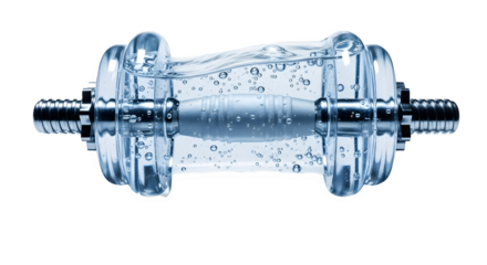 Cyan glass dumbbell filled with water shows unique texture, ideal for product photography, fitness branding, and conceptual video background.