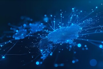 A futuristic, abstract visualization of a data cluster or digital network. The glowing blue particles and connected lines over a dark, blurred background represent technology, big data, and a modern 