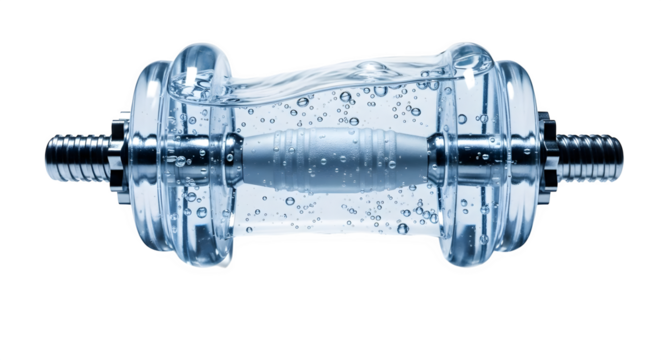 Cyan glass dumbbell filled with water shows unique texture, ideal for product photography, fitness branding, and conceptual video background.