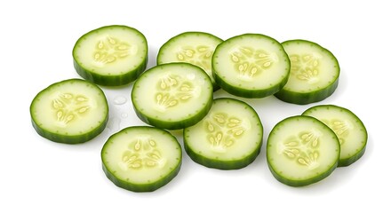 Freshly Sliced Cucumber Rounds on White Background, Close-Up View