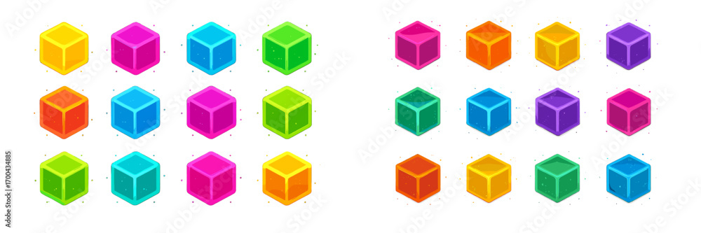 Poster collection of colorful isometric jelly cube assets for mobile game user interface design and applica