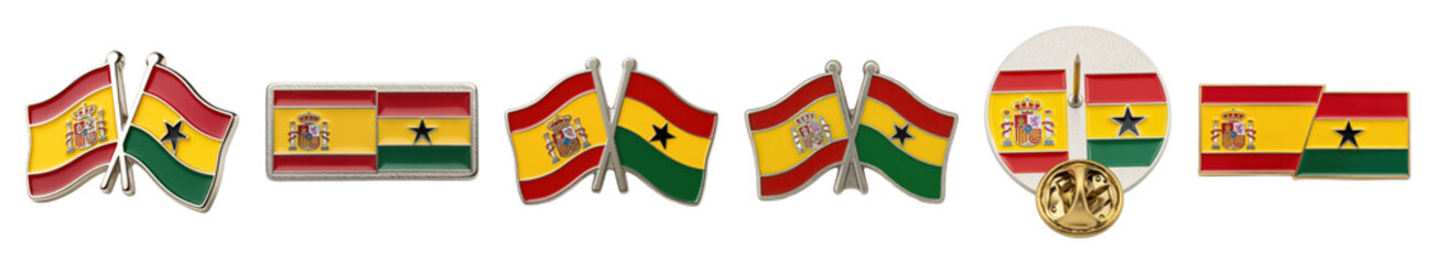 Obraz premium Spain and Ghana flag pin set including waving, rectangular, crossed, and round styles isolated. International relations and friendship collection.