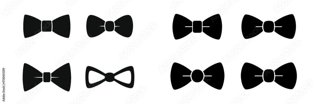 Poster set of black bow tie icons in various styles isolated on a white background for graphic design and f
