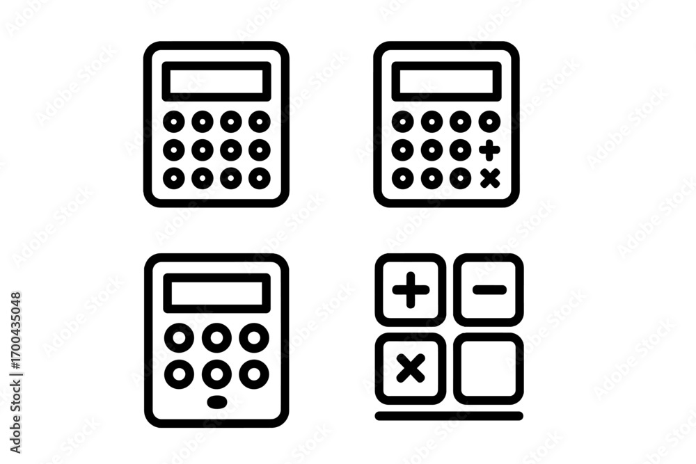 Poster set of calculator line icons for finance and mathematics, simple black and white symbols for calcula