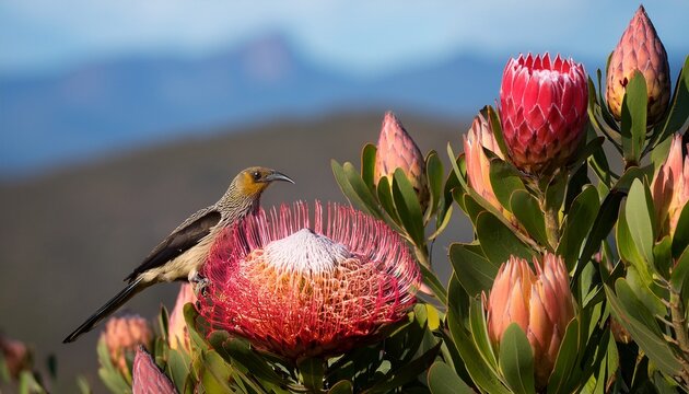 forced perspective photo of pink ice protea with cape sugarbird in fynbos