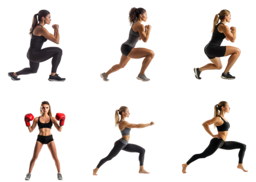 Collection of woman doing squat Focusing on proper form and strength training. full length isolate on transparent background