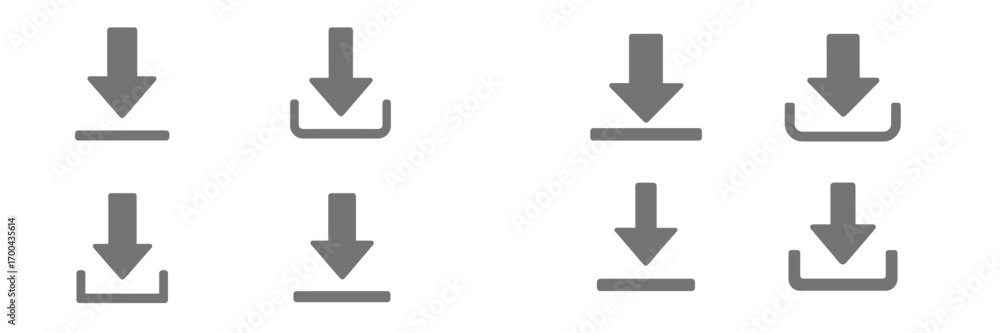 Aufkleber set of grey download icons with arrows pointing down for user interface design and web applications 